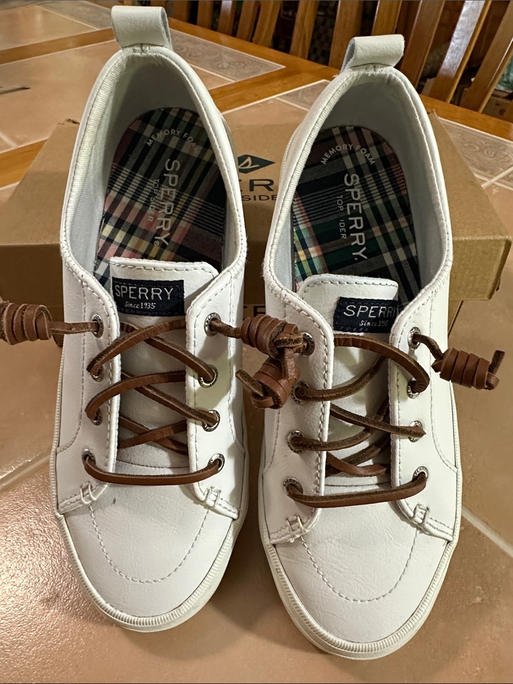 Sperry White Leather Boat Shoes with Brown Laces